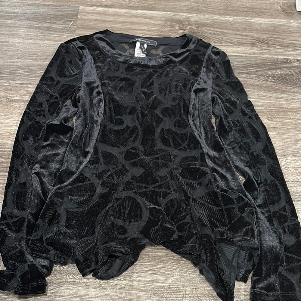 Black Asymmetrical velvet and illusion Graphic Blouse with Crew Neck
